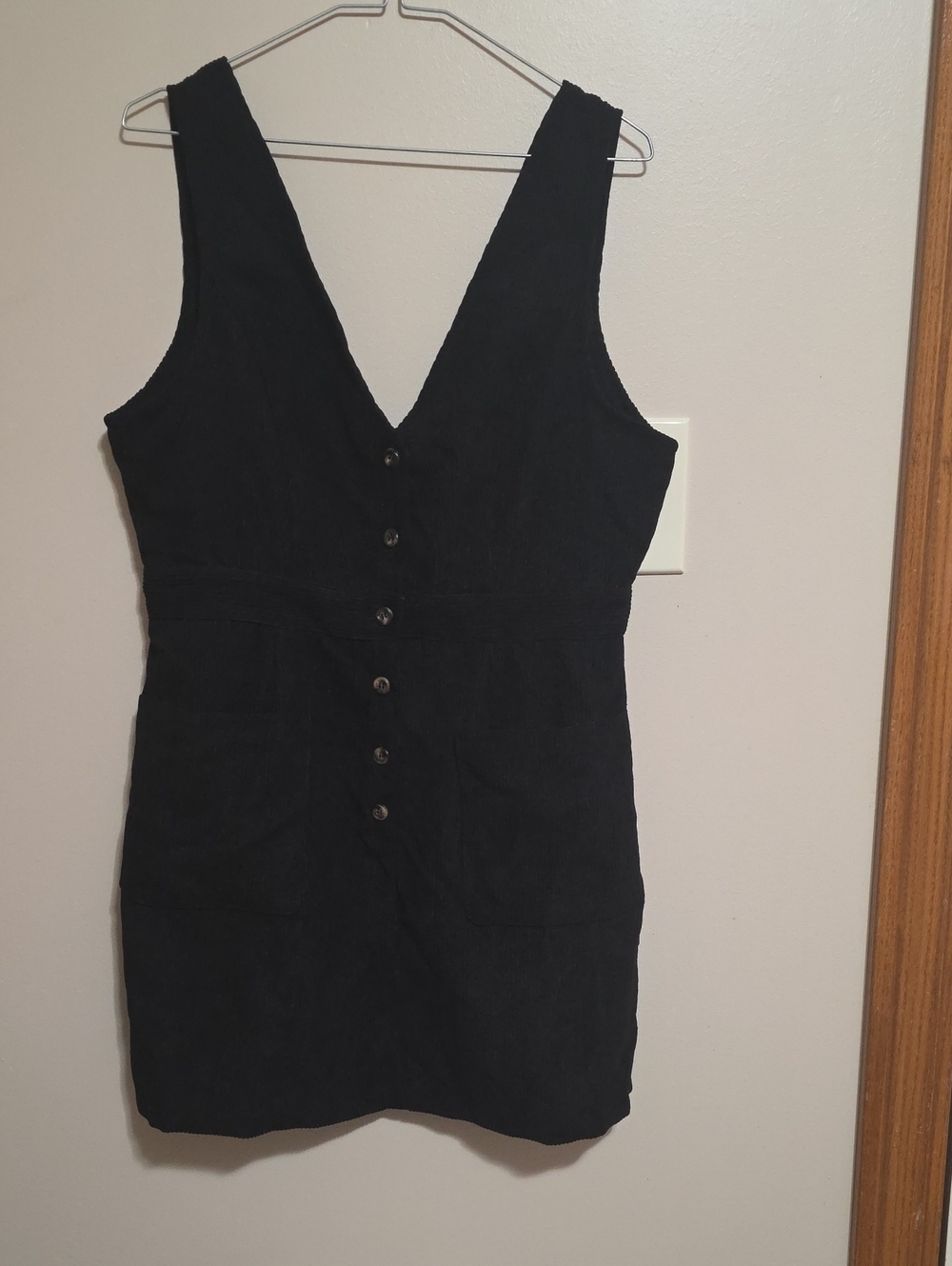 Black Button-Front Mini Dress with Deep V-Neck